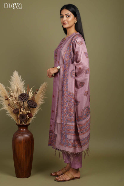 Charming Cotton Lilac Salwar Set with Printed Design, matching pant & dupatta