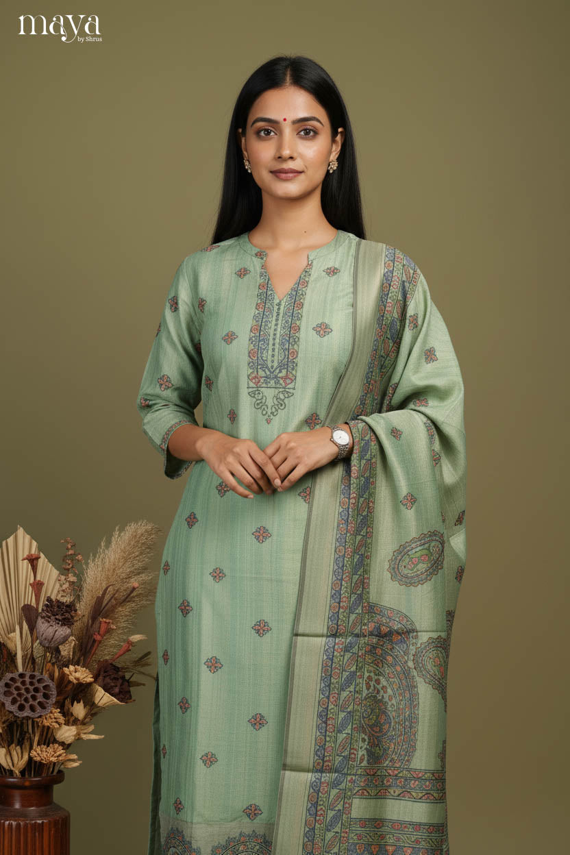 Serene Mint Green Readymade Salwar Suit with Madhubani Prints