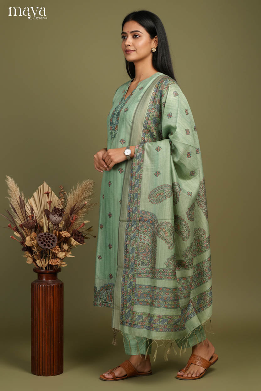 Serene Mint Green Readymade Salwar Suit with Madhubani Prints