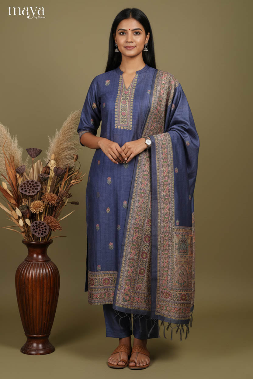 Graceful Blue Madhubani Printed Semi Tussar Salwar Suit For Women