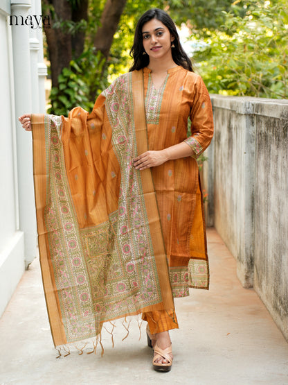Exquisite Brick Madhubani printed Semi Tussar Readymade 3 Piece - MDJ07065