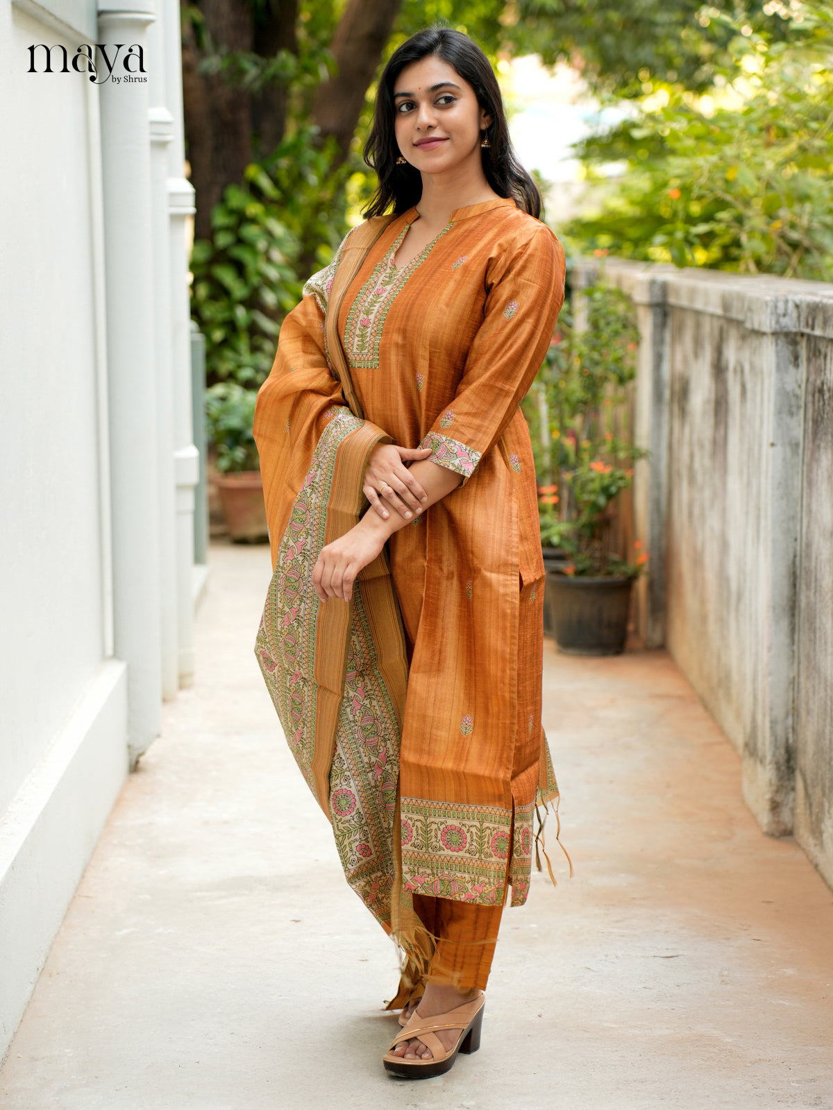 Exquisite Brick Madhubani printed Semi Tussar Readymade 3 Piece - MDJ07065