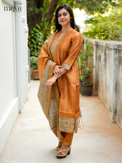 Exquisite Brick Madhubani printed Semi Tussar Readymade 3 Piece - MDJ07065