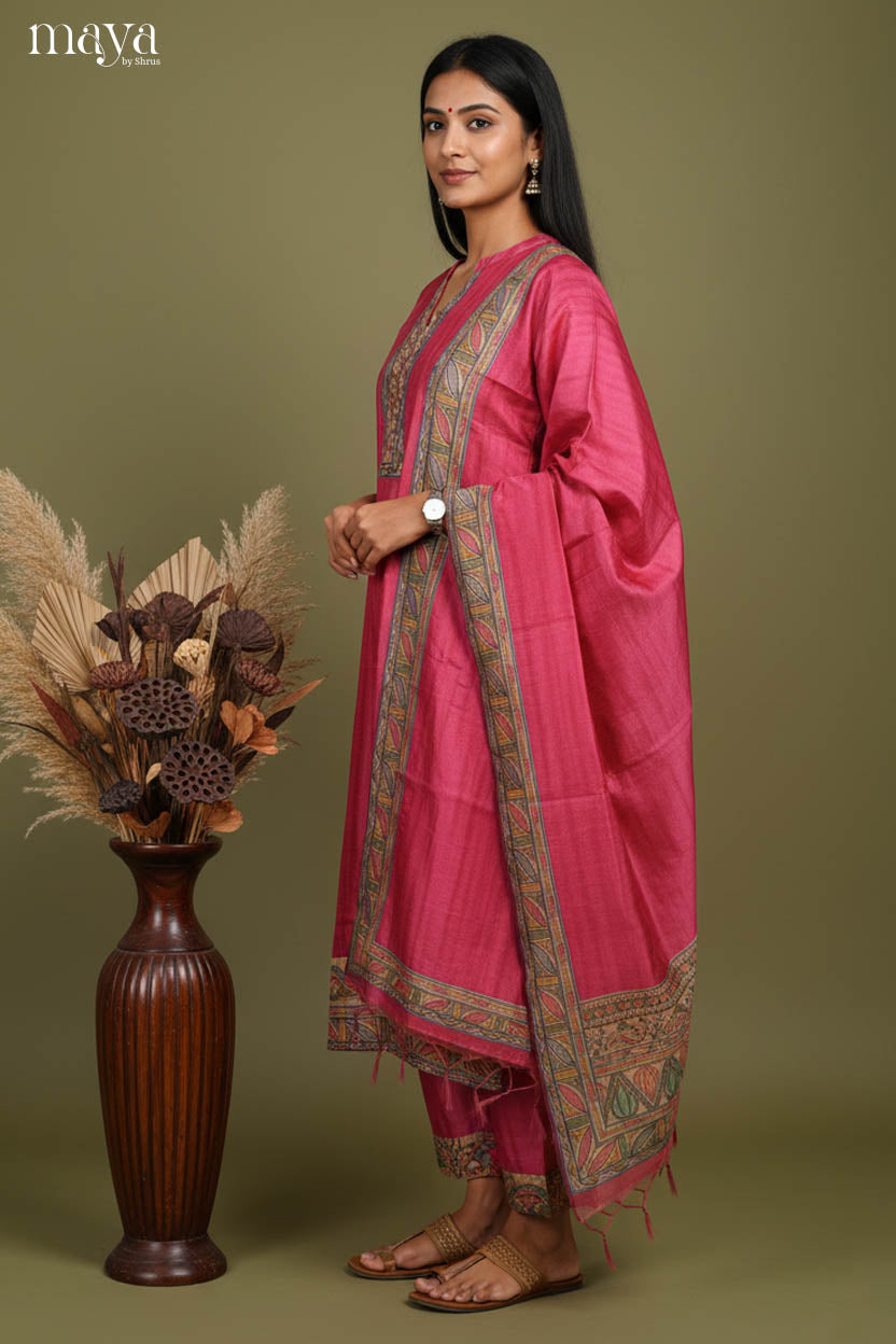 Striking Rani Pink Readymade Salwar Suit with Madhubani Prints