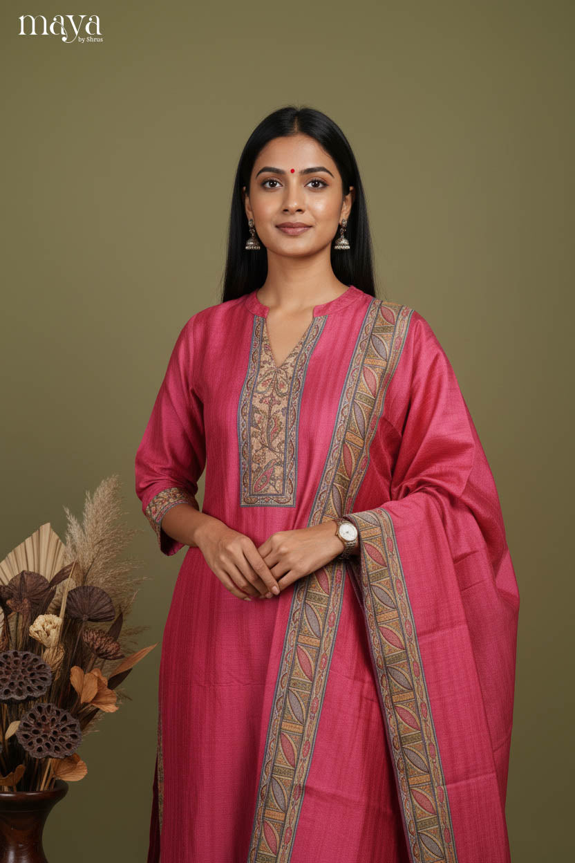 Striking Rani Pink Readymade Salwar Suit with Madhubani Prints