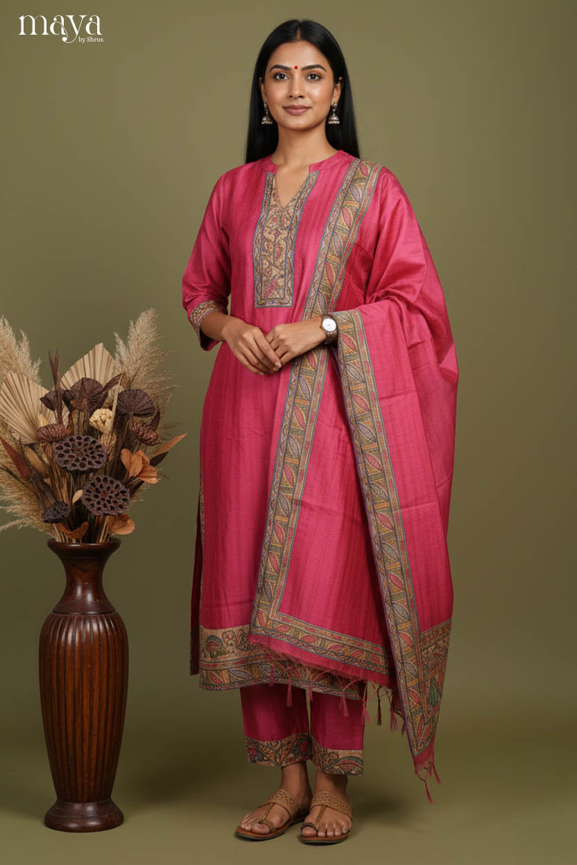 Striking Rani Pink Readymade Salwar Suit with Madhubani Prints