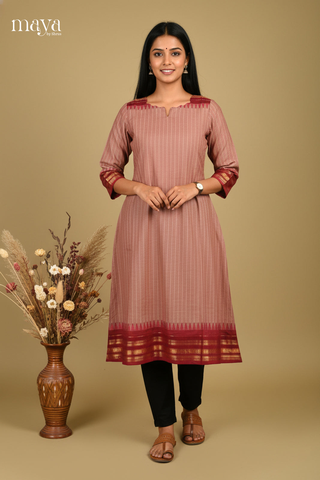 Chic Brown A-Line Kurti With Subtle Stripes & Maroon Zari Border 1