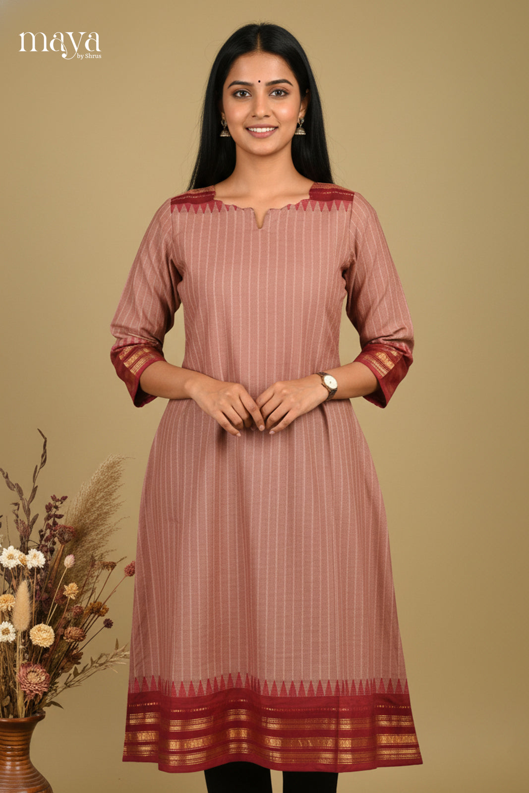 Chic Brown A-Line Kurti With Subtle Stripes & Maroon Zari Border 2
