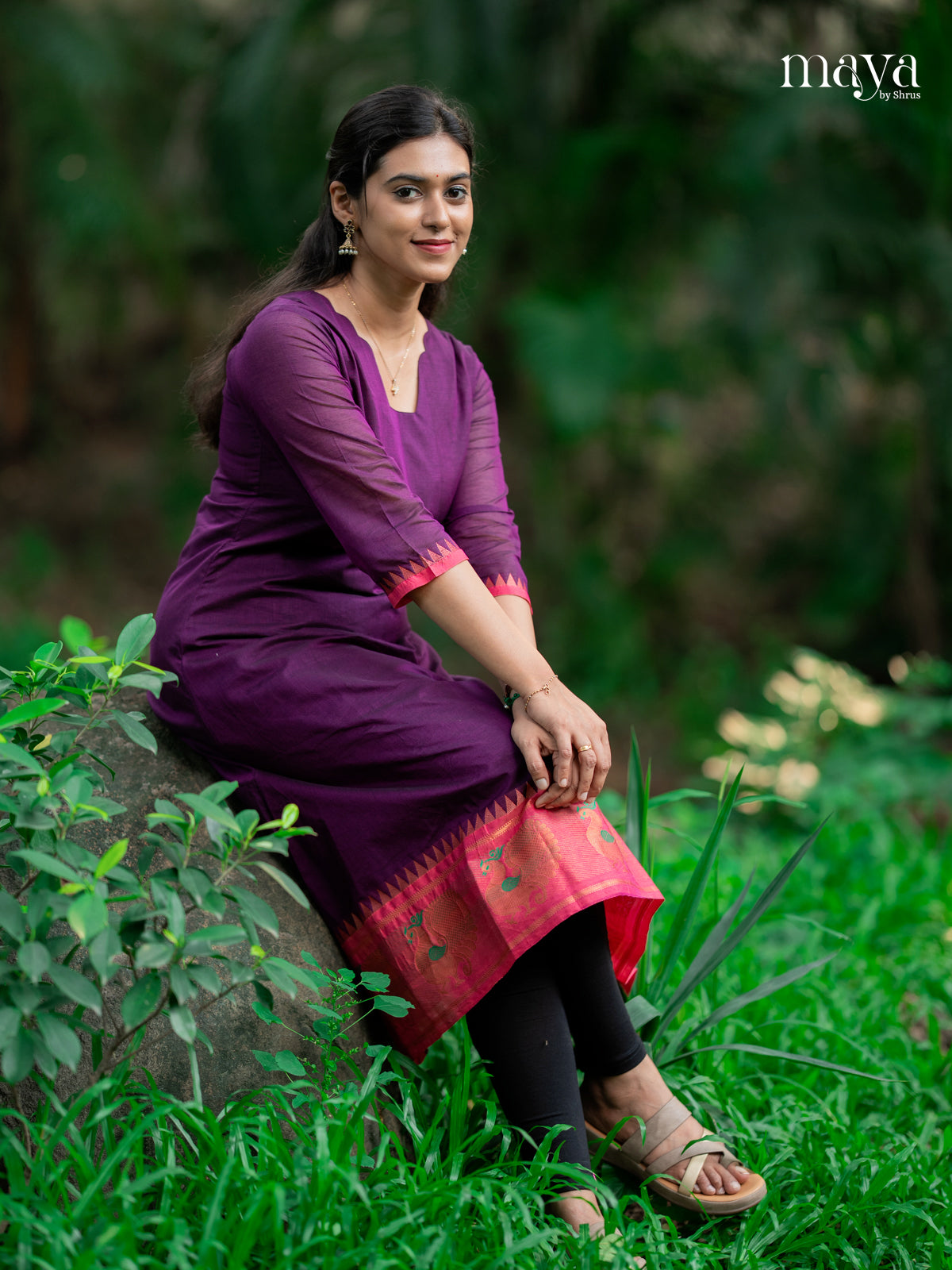 Classic Purple Chettinad Cotton Kurti With Pink Zari Border 1