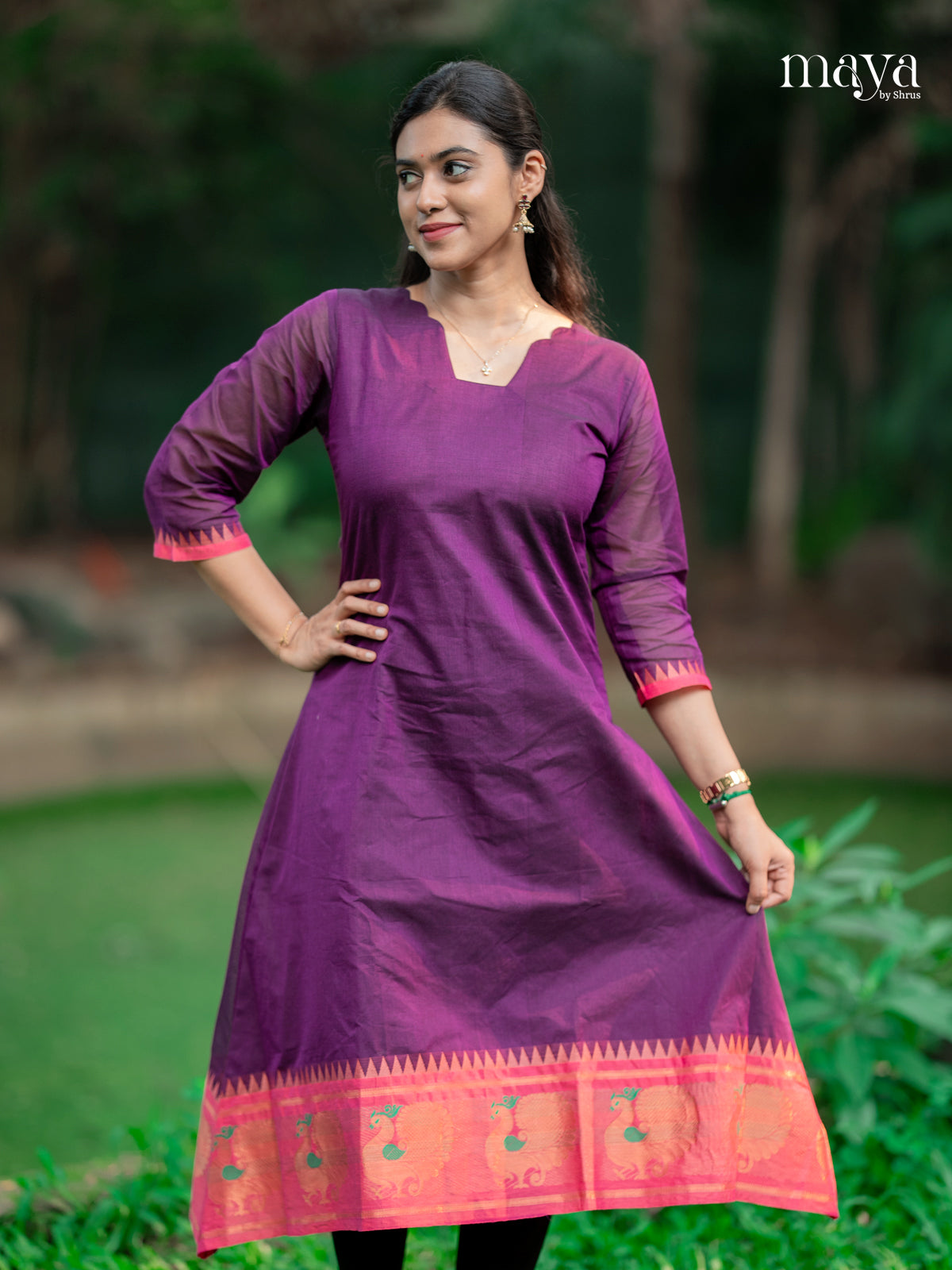 Classic Purple Chettinad Cotton Kurti With Pink Zari Border