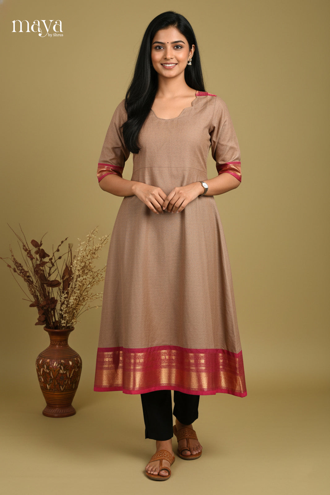 Earthy Brown Chettinad Cotton A-Line Kurti With Pink Zari Border