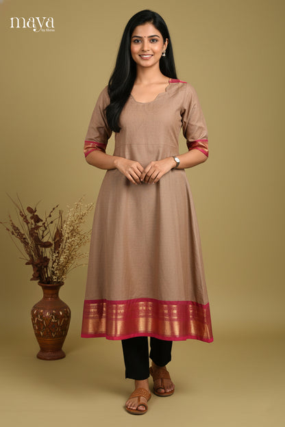 Earthy Brown Chettinad Cotton A-Line Kurti With Pink Zari Border