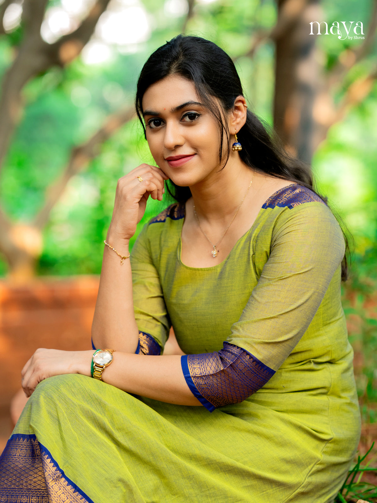 Exquisite Parrot Green Chettinad Cotton Kurti With Blue Zari 3