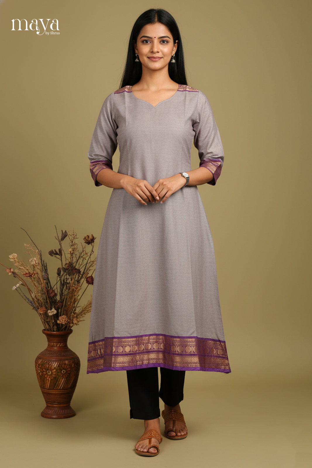 Ethnic Grey Chettinad Cotton Kurti With Purple Zari Border