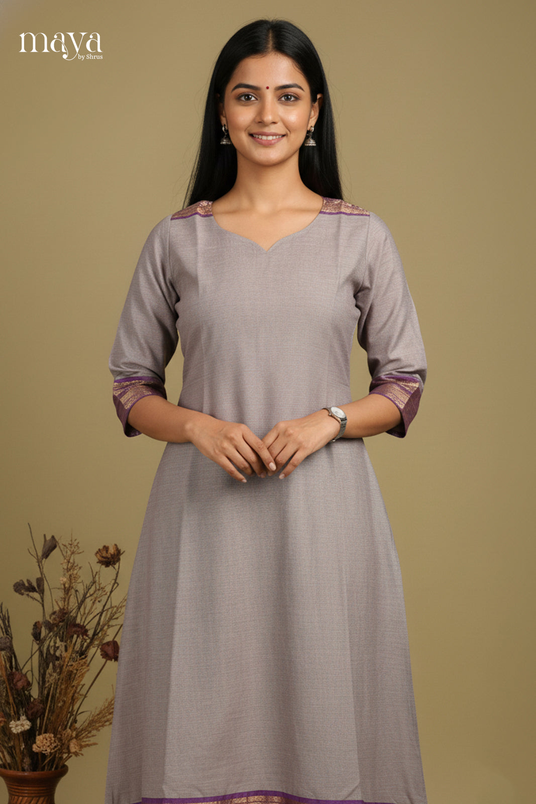 Ethnic Grey Chettinad Cotton Kurti With Purple Zari Border 1