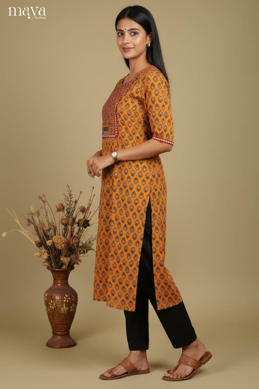 Ethnic Printed Mustard Yellow Straight Kurti with Embroidered Yoke