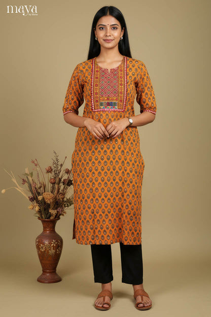 Ethnic Printed Mustard Yellow Straight Kurti with Embroidered Yoke