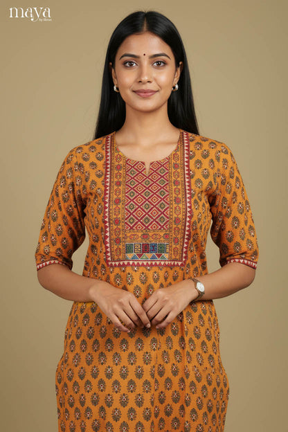 Ethnic Printed Mustard Yellow Straight Kurti with Embroidered Yoke