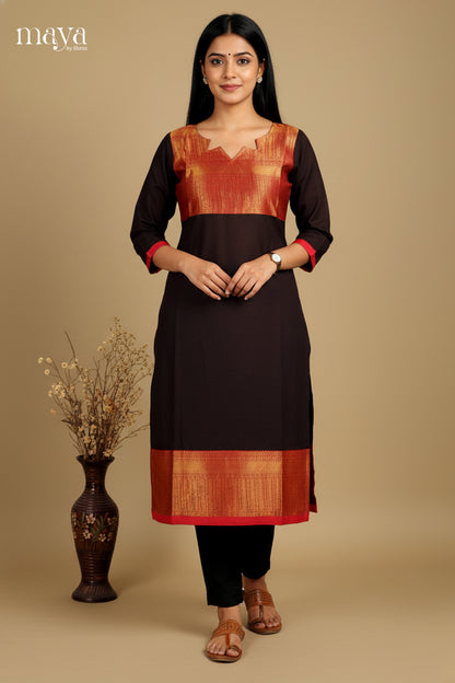 Stunning Brown Readymade Chettinad Kurti with Solid Design & Zari Border 1