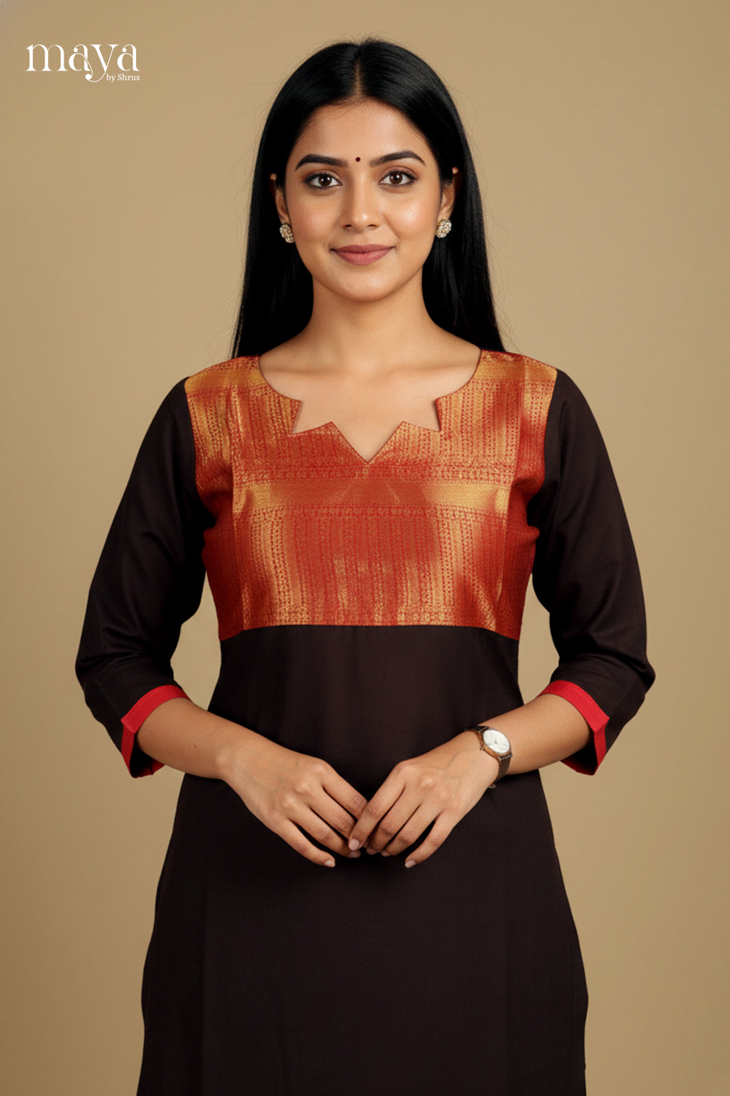 Stunning Brown Readymade Chettinad Kurti with Solid Design & Zari Border 2