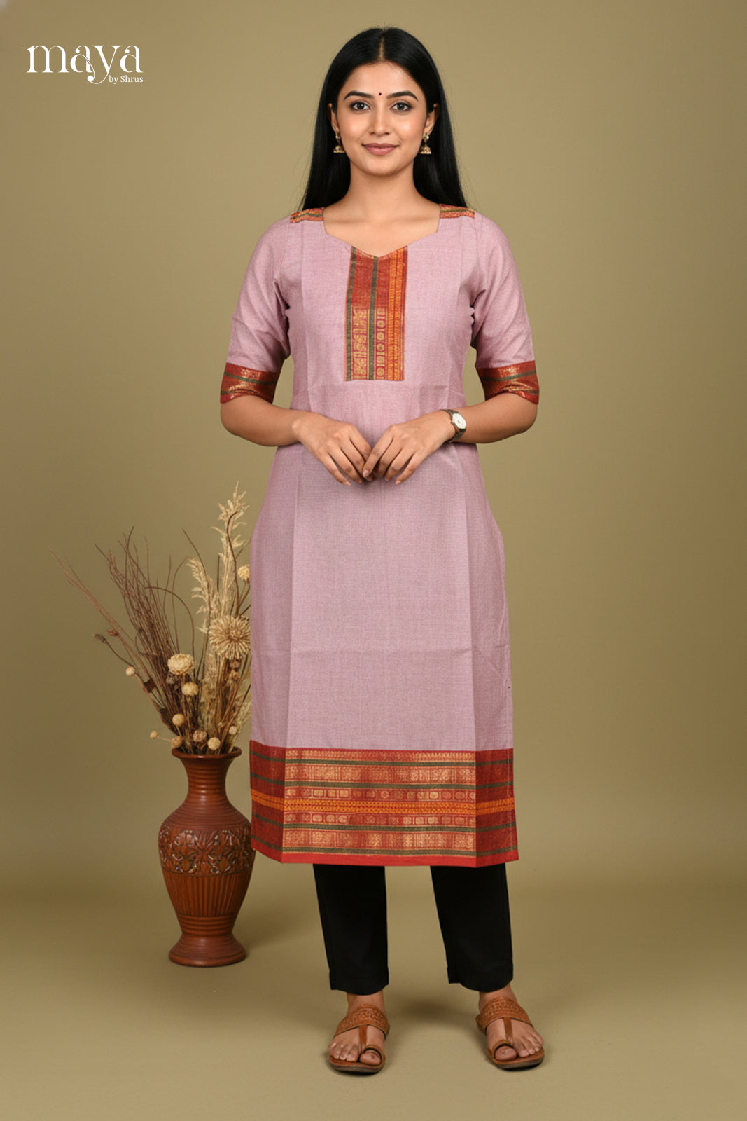 Chic Mauve Readymade Chettinad Kurti with Solid Design & Maroon Zari Border