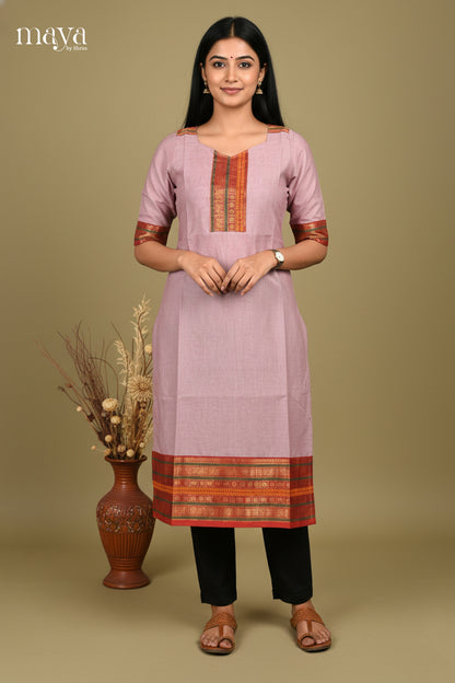 Chic Mauve Readymade Chettinad Kurti with Solid Design & Maroon Zari Border