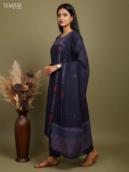 Pretty Navy Blue Block Printed Salwar Suit with Yoke Neck