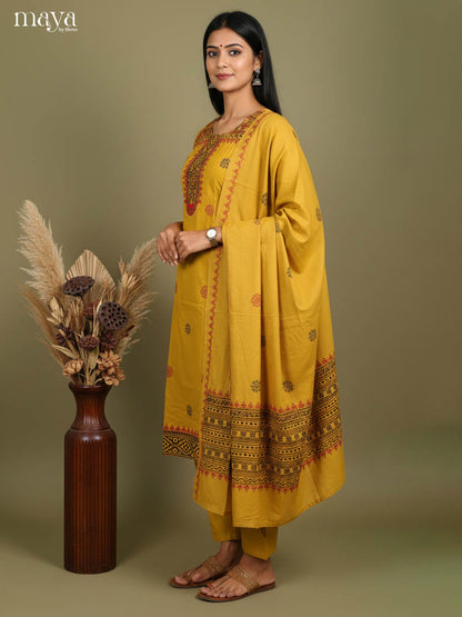 Vibrant Mustard Readymade Salwar Suit With Block Prints