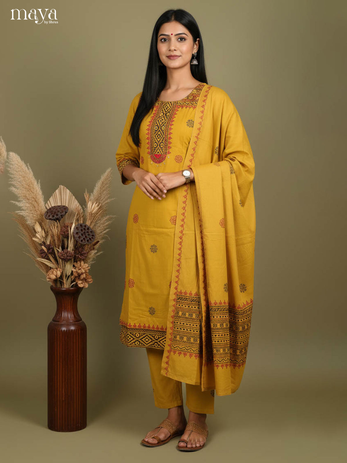 Vibrant Mustard Readymade Salwar Suit With Block Prints