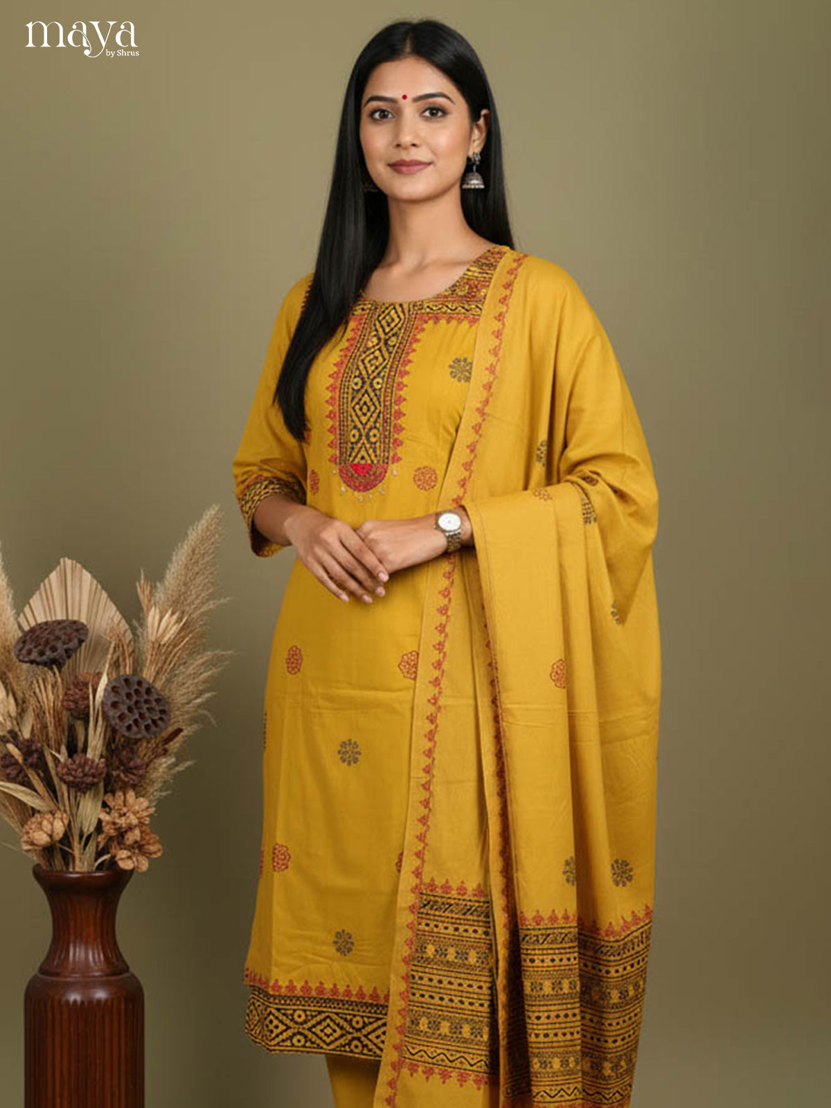 Vibrant Mustard Readymade Salwar Suit With Block Prints