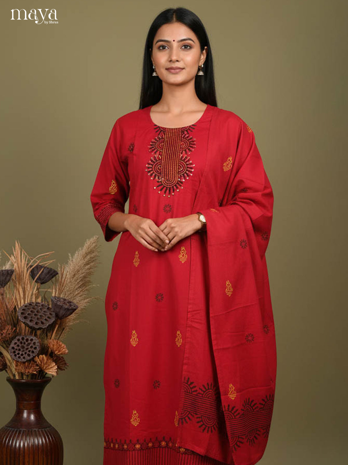 Vibrant Red Readymade Salwar Set with Embroidered Neck & Printed Dupatta