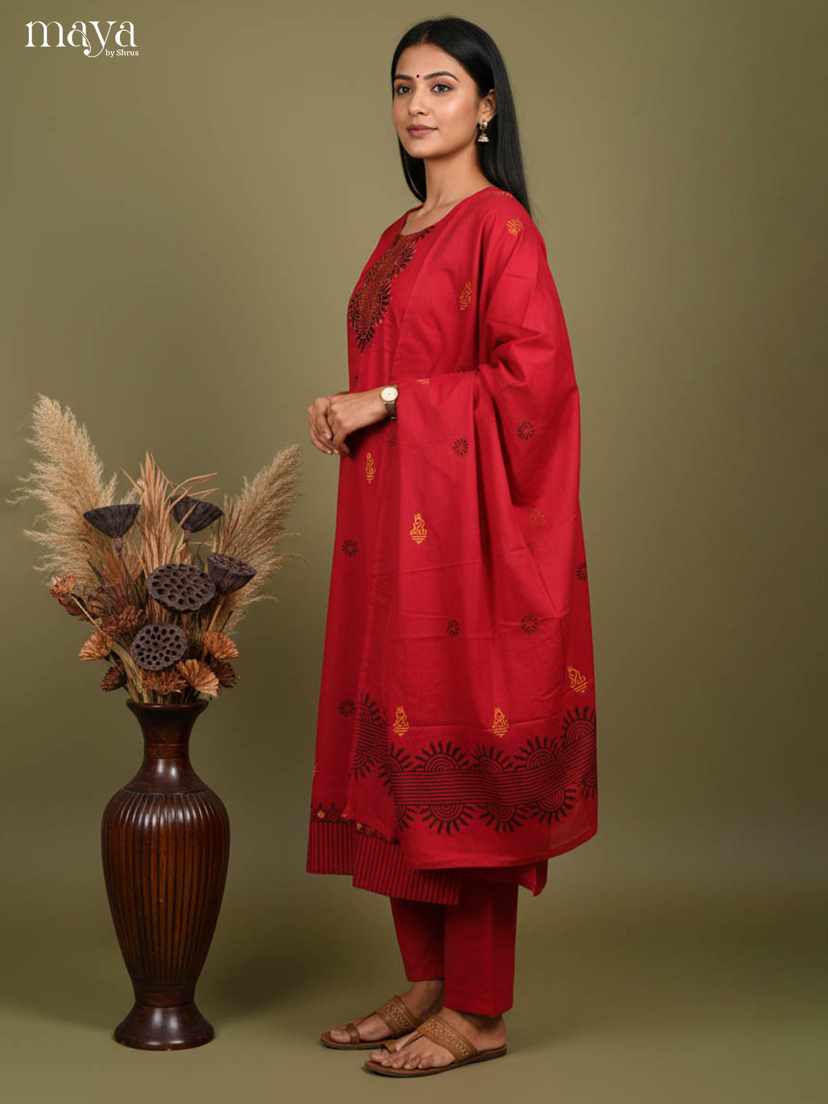 Vibrant Red Readymade Salwar Set with Embroidered Neck & Printed Dupatta