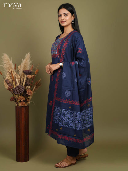 Stunning Navy Blue Block Printed Salwar Suit with Yoke Neck
