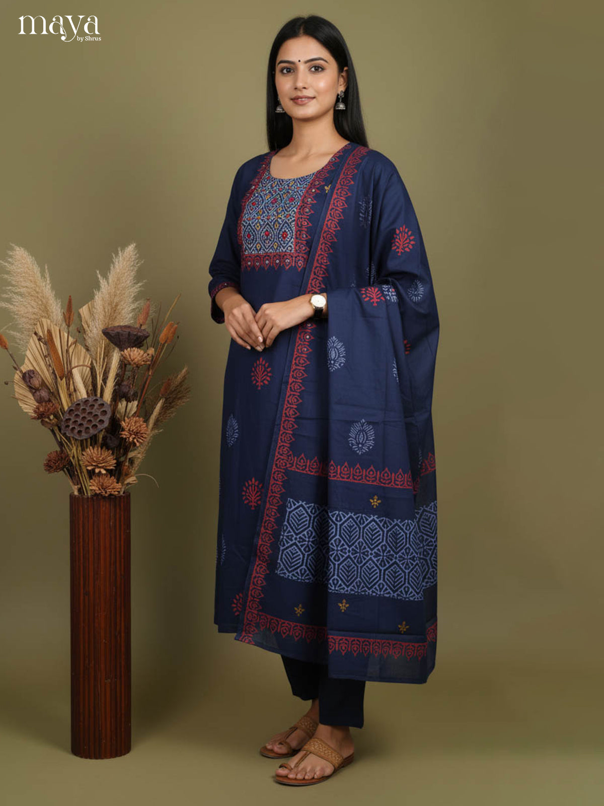 Stunning Navy Blue Block Printed Salwar Suit with Yoke Neck