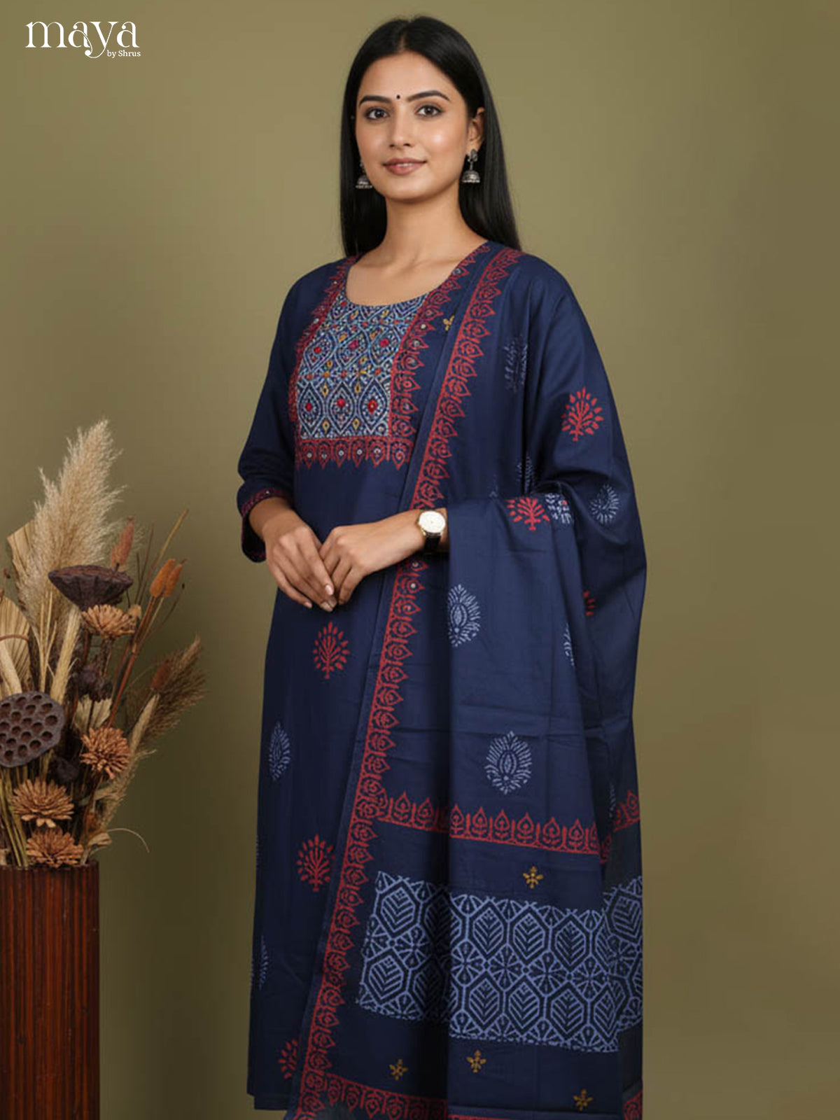 Stunning Navy Blue Block Printed Salwar Suit with Yoke Neck