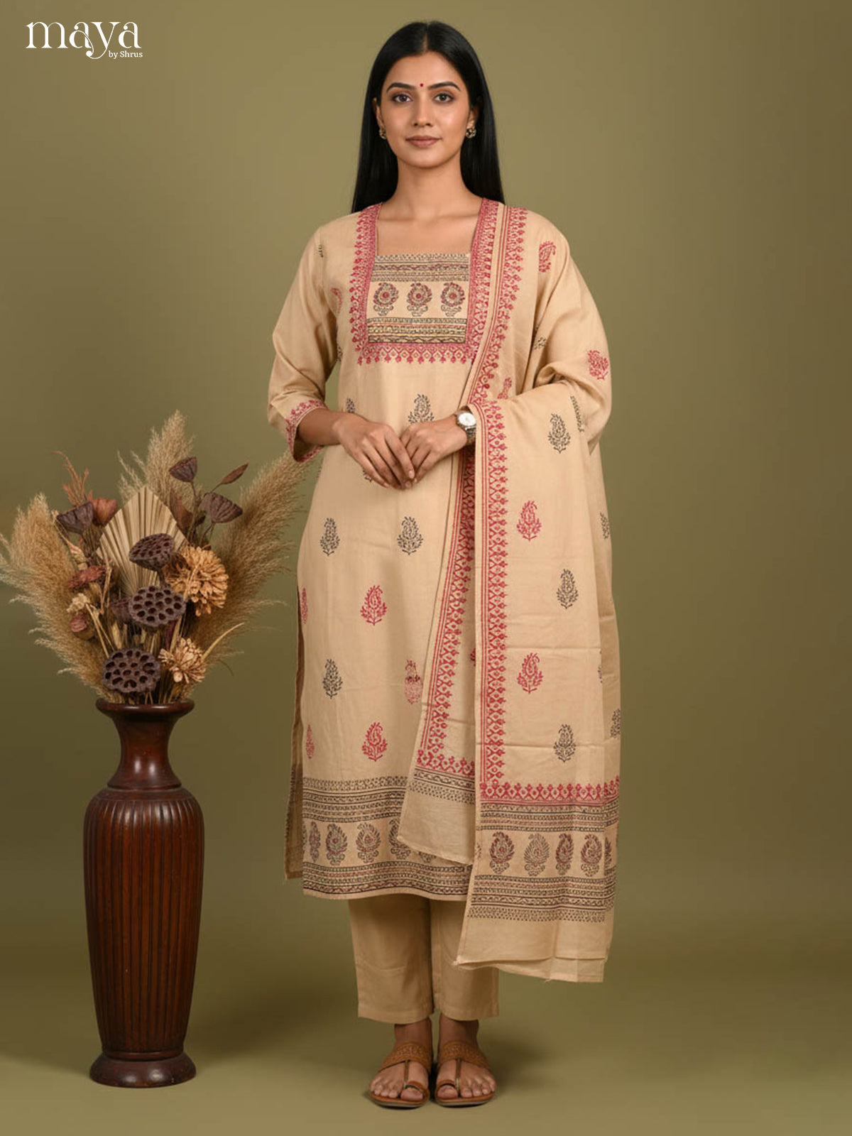 Subtle Beige Readymade Salwar Suit With Block Prints