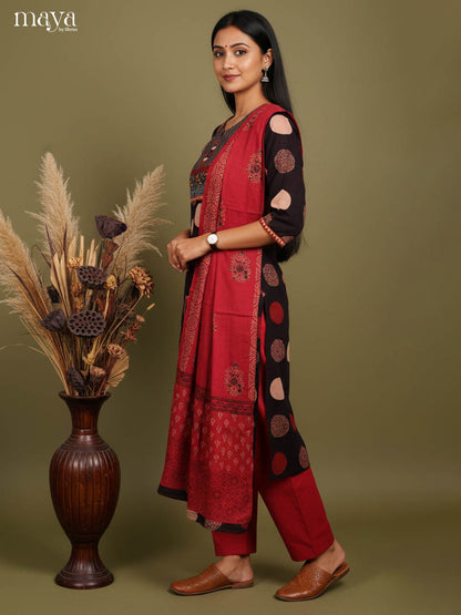 Comfy Brown Readymade Salwar Suit with Polka Prints & Red Dupatta