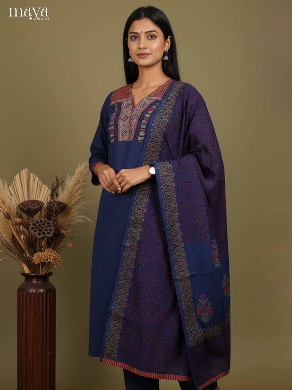 Elegant Navy Blue Readymade 3 Piece Salwar Set with V Neck & Floral Printed Dupatta