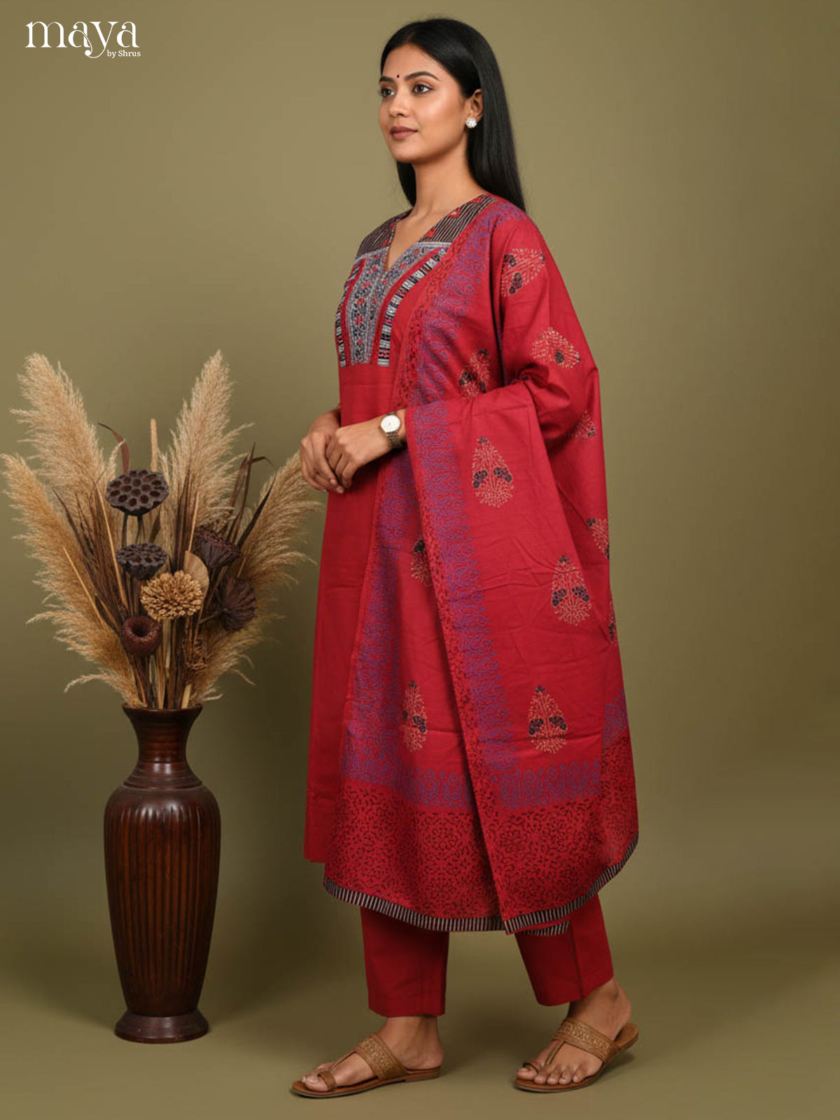 Vivid Red Readymade 3 Piece Salwar Set with V Neck & Floral Printed Dupatta