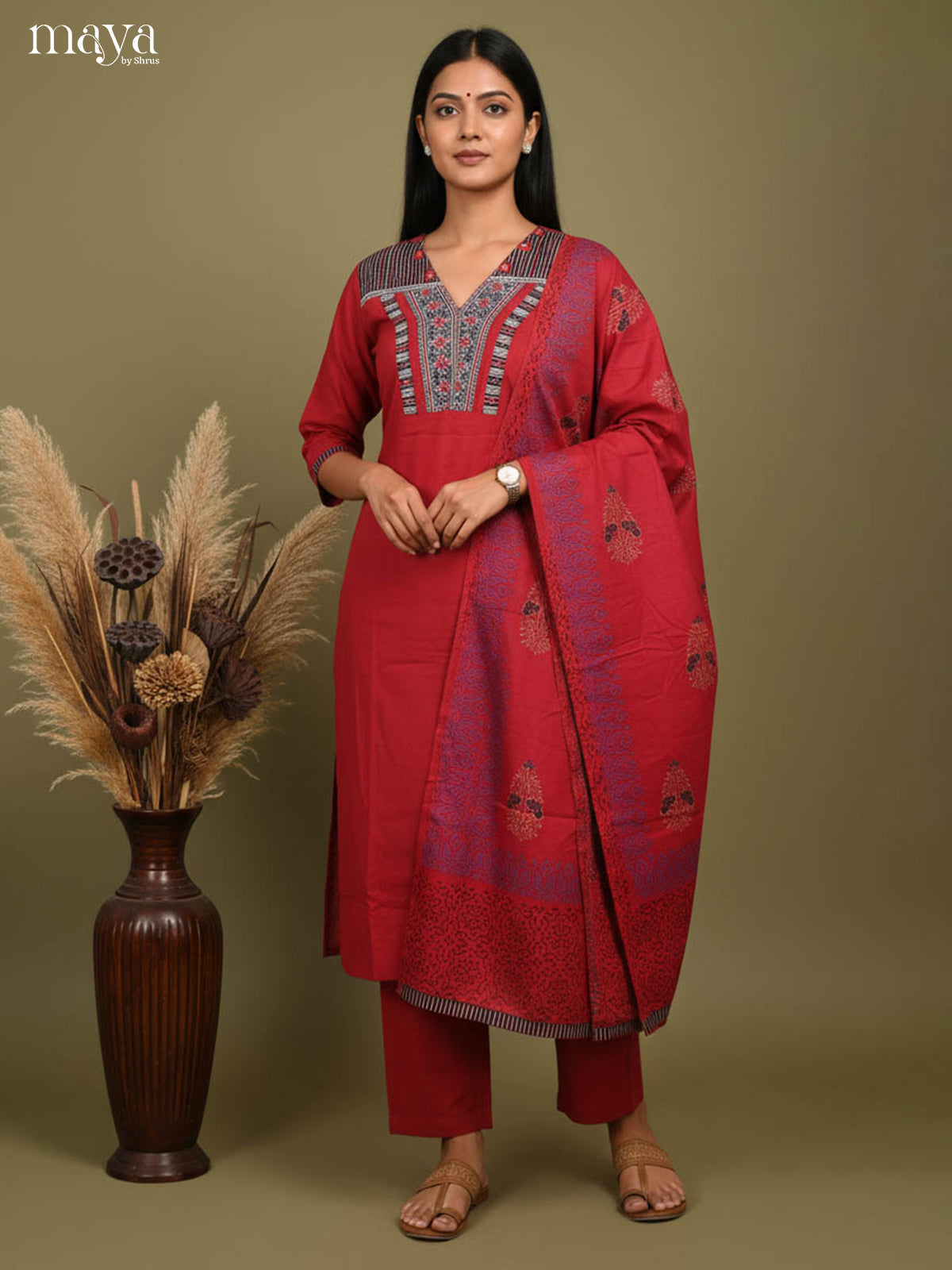 Vivid Red Readymade 3 Piece Salwar Set with V Neck & Floral Printed Dupatta