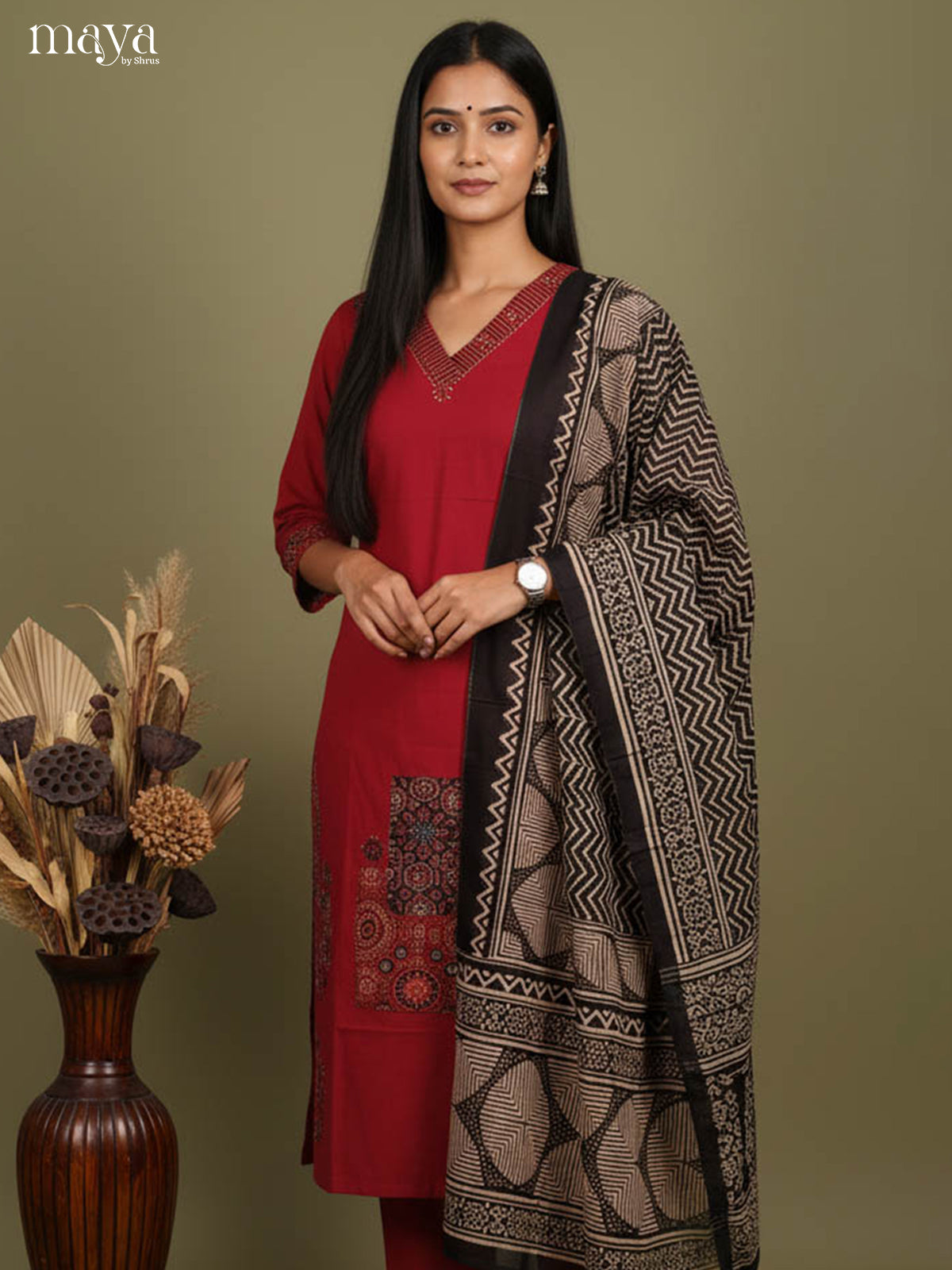 Classy Red Readymade 3 Piece Salwar Set with V Neck & Zigzag Pattern Dupatta