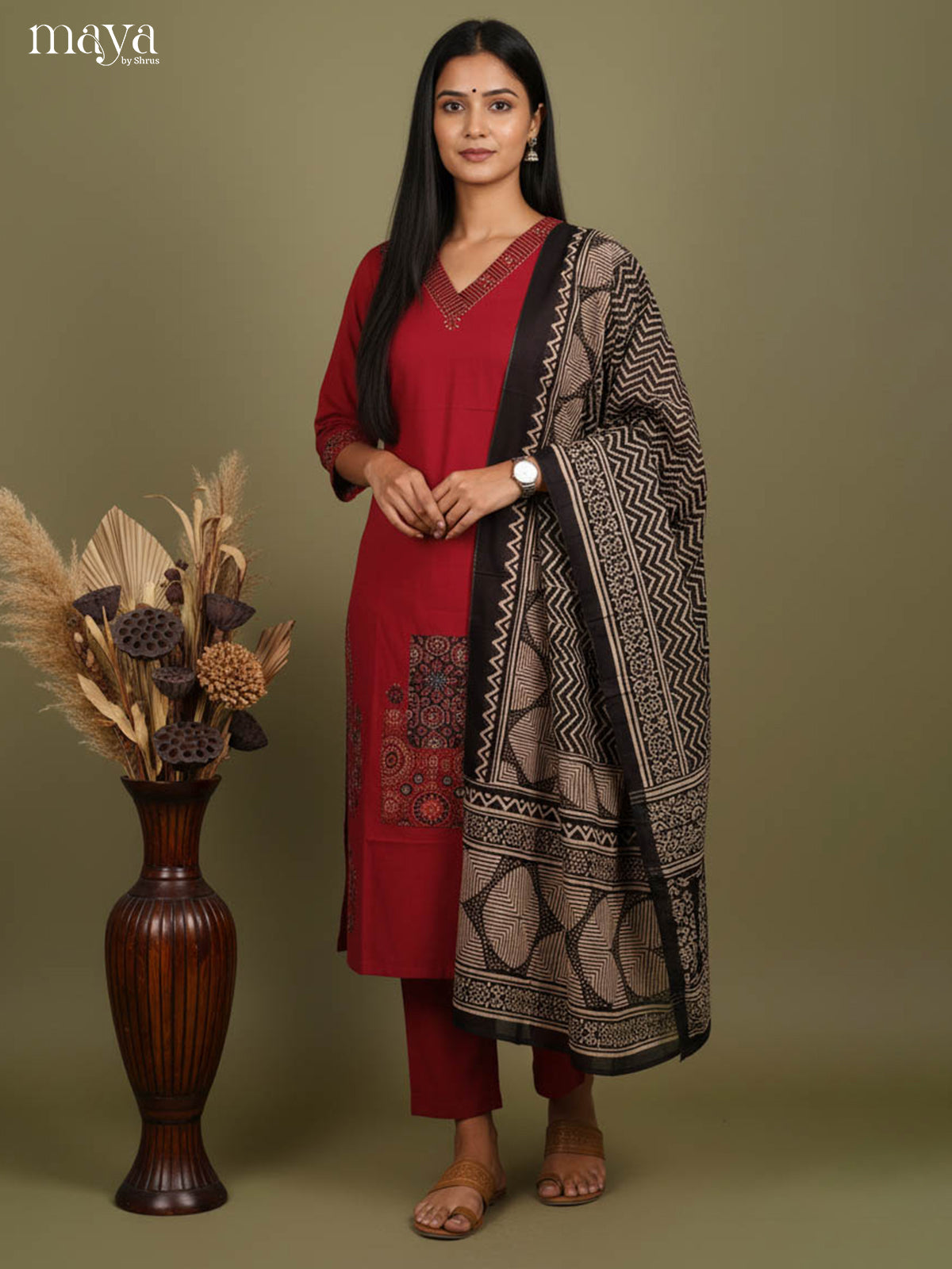 Classy Red Readymade 3 Piece Salwar Set with V Neck & Zigzag Pattern Dupatta