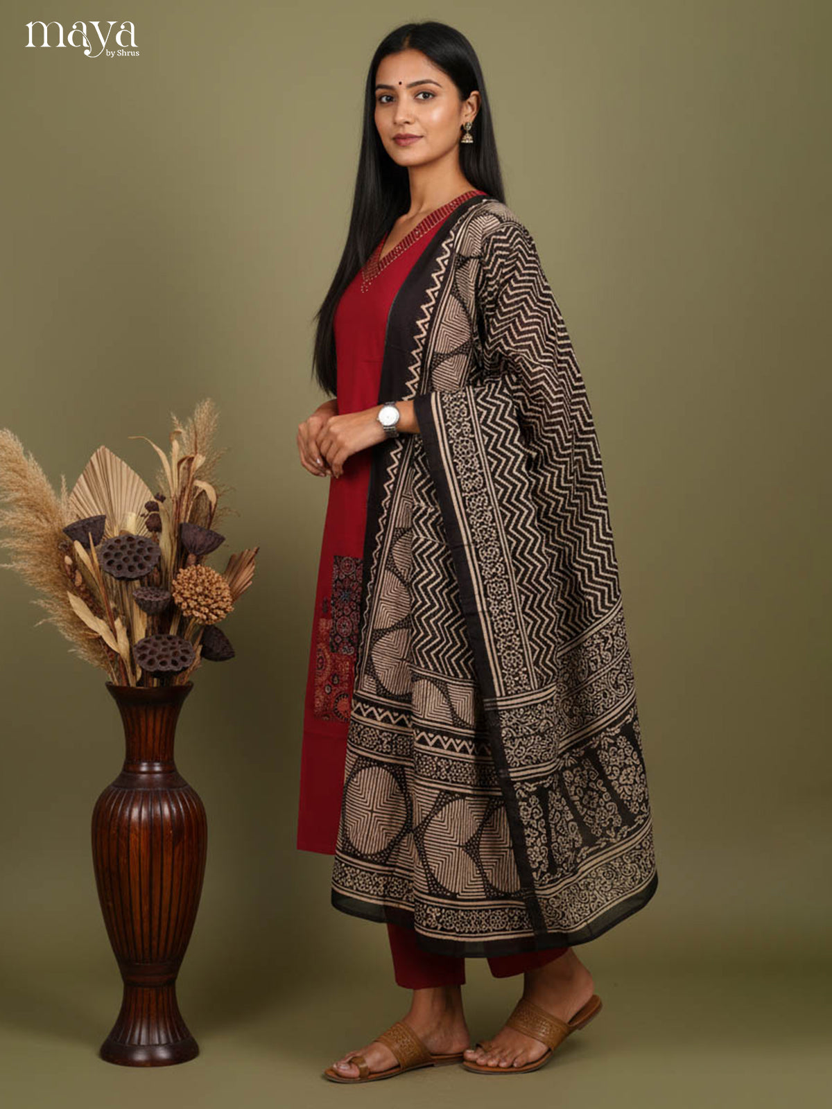 Classy Red Readymade 3 Piece Salwar Set with V Neck & Zigzag Pattern Dupatta