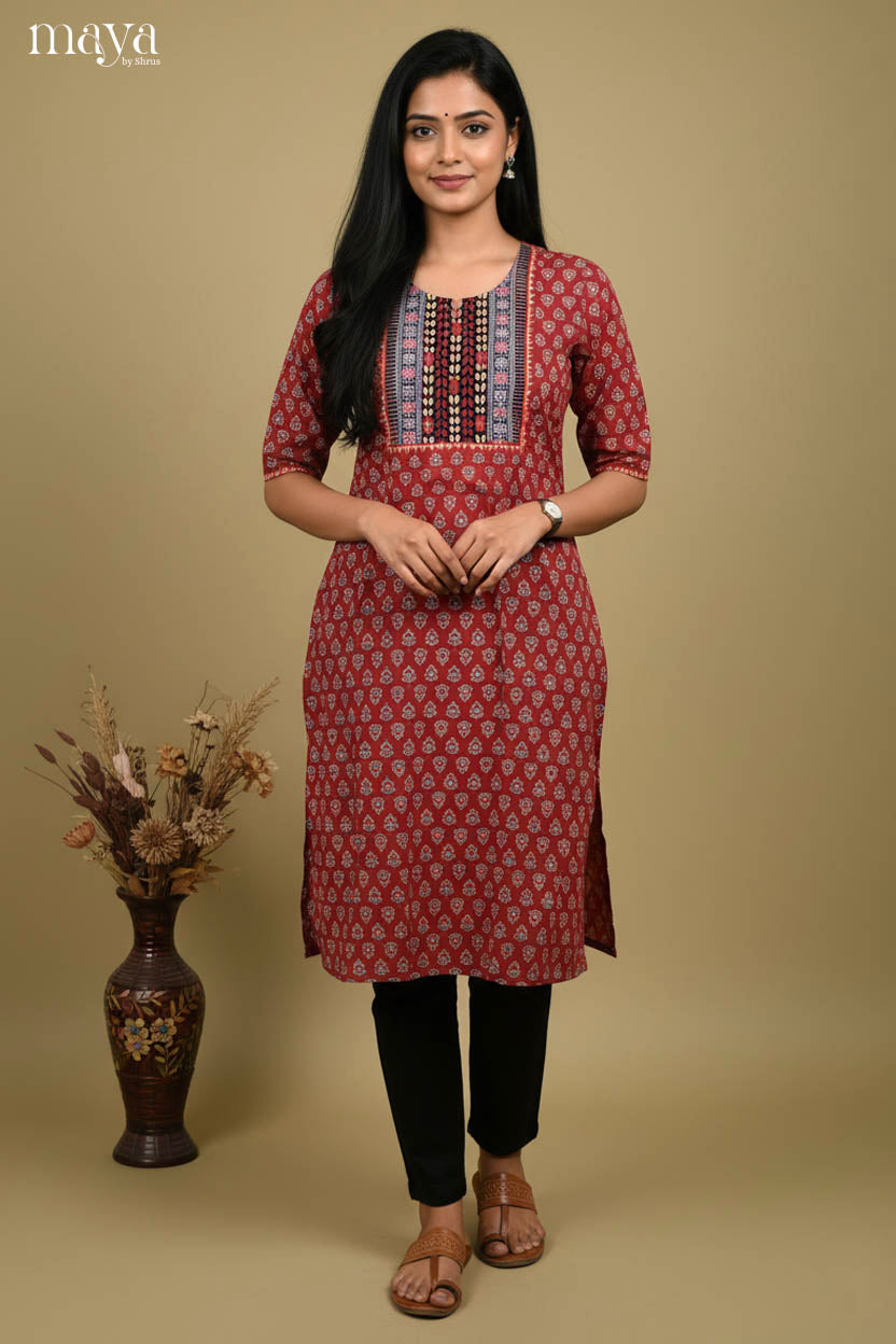 Striking Maroon Printed Readymade Straight Kurti with Yoke Neck
