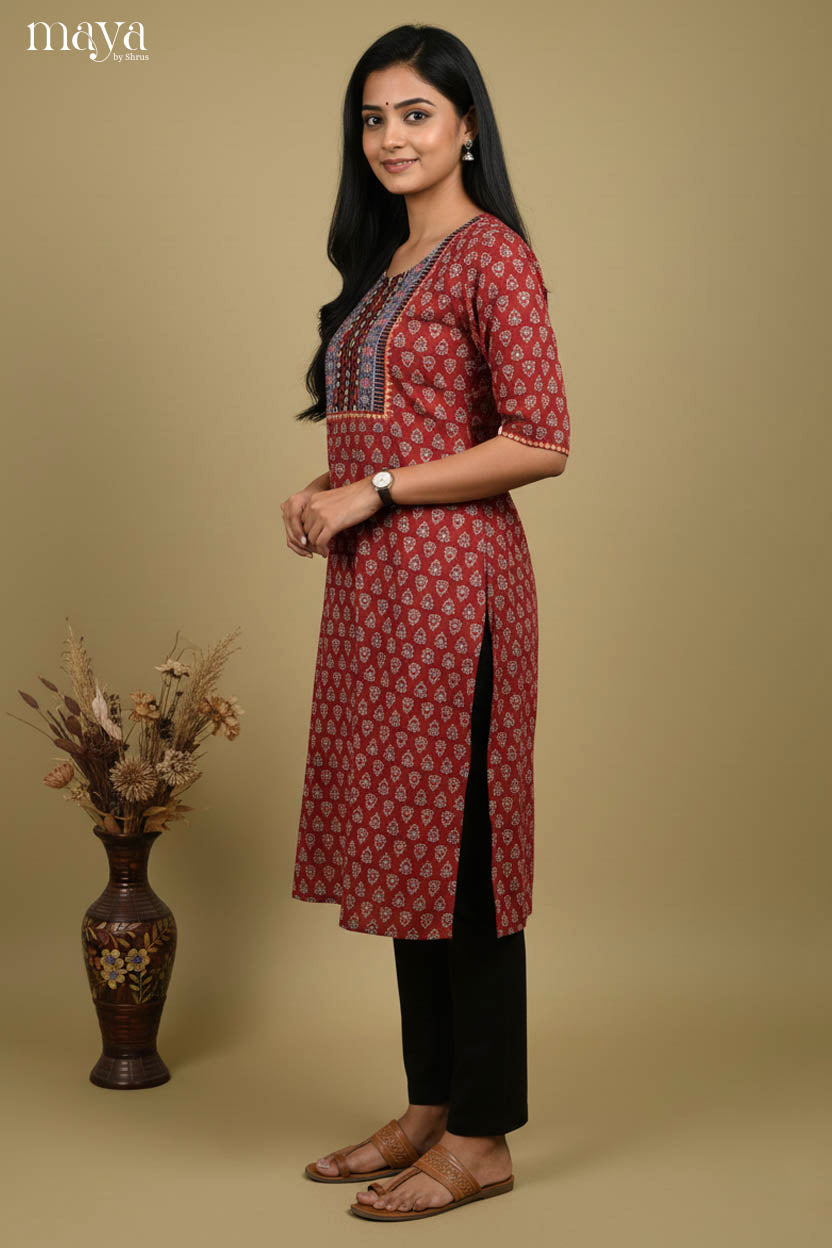 Striking Maroon Printed Readymade Straight Kurti with Yoke Neck
