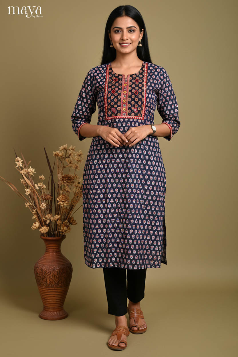 Exquisite Navy Blue Ajrakh Printed Readymade Kurti With Yoke Neck In Black