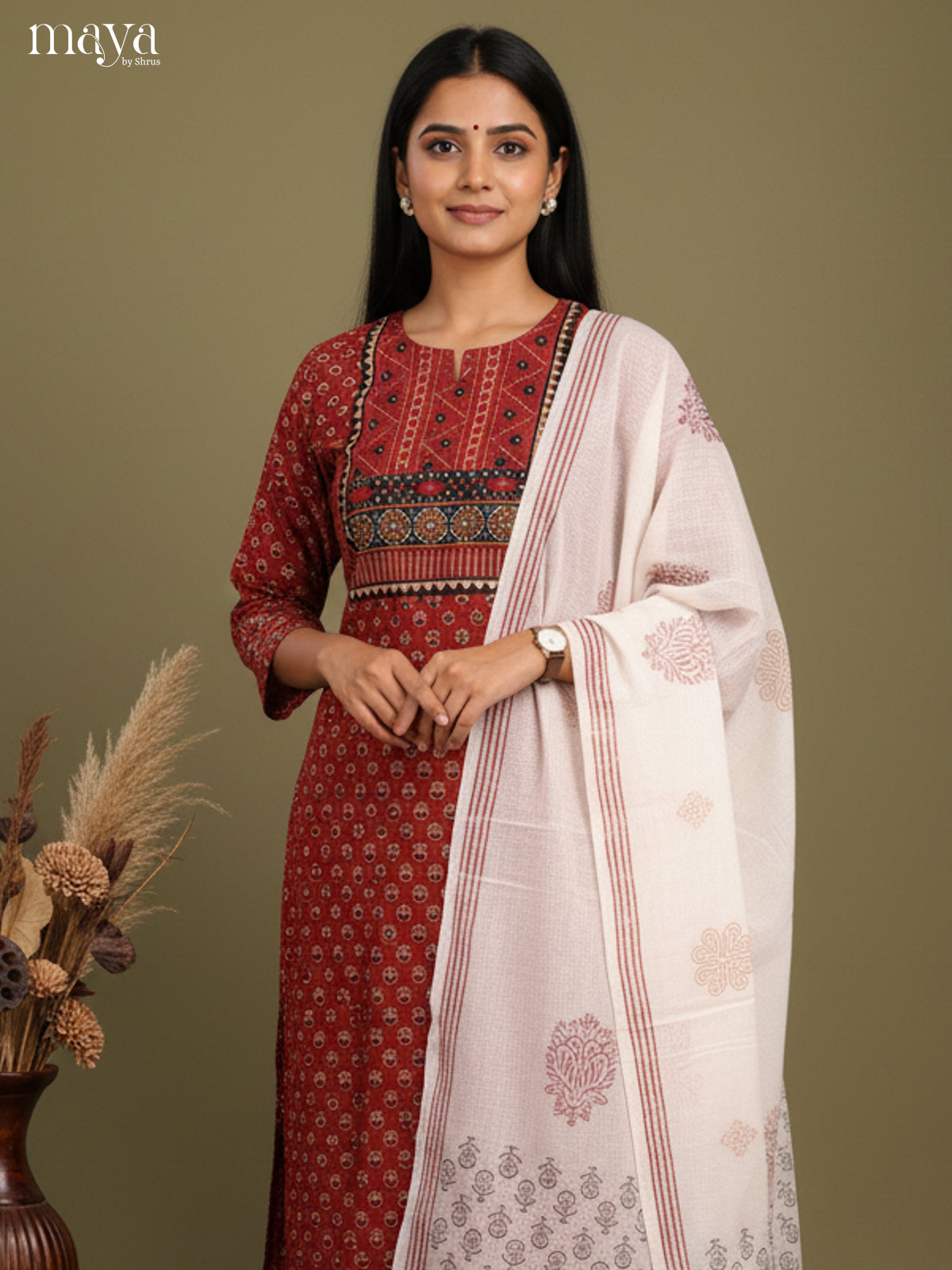 Chic Maroon Floral Printed Cotton Salwar Suit Set With White Dupatta