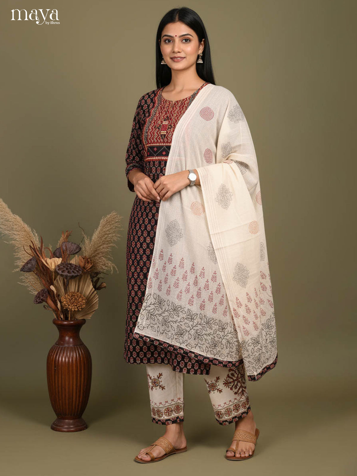 Pretty Black Readymade Ajrakh Salwar Set with Printed Design