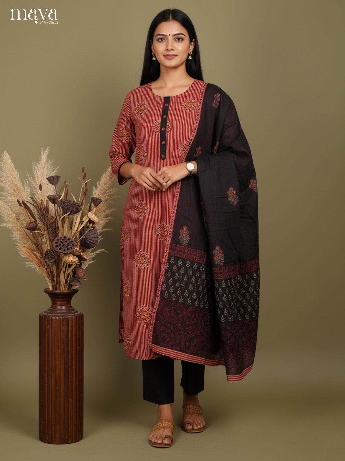 Graceful Striped Cotton Salwar Kurta Set In Maroon With Printed Black Dupatta