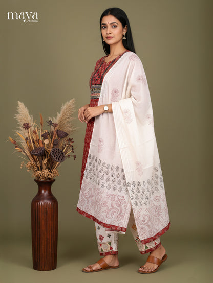 Maroon & White-FLoral printed Readymade 3 Piece Salwar